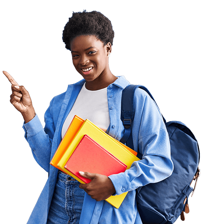 woman wearing student backpack holding books smiling happy pointing with hand finger side
